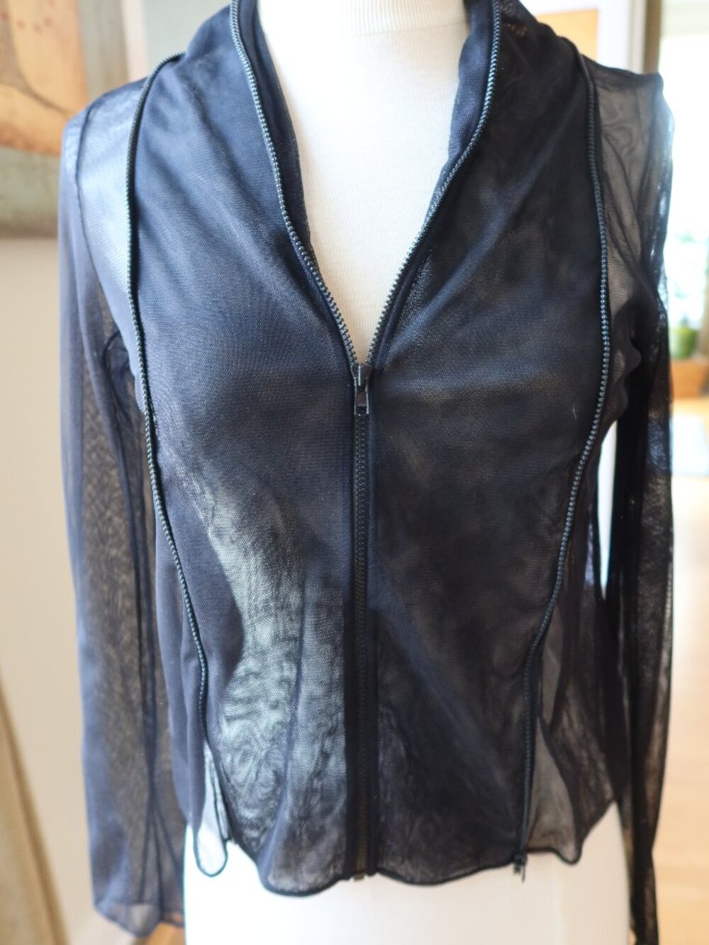 Vintage Vivienne Tam black mesh sheer top jacket zippers Y2K Size 0 100% nylon